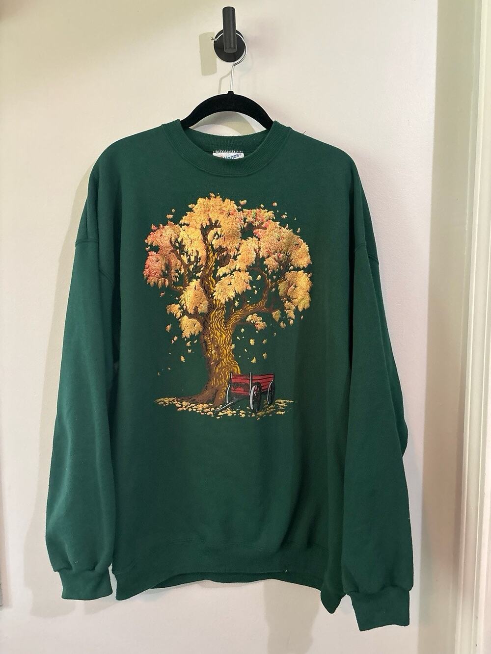 Vintage Hanes Heavyweight Sweatshirt XL Raised Metallic Tree Leaves Fall Art